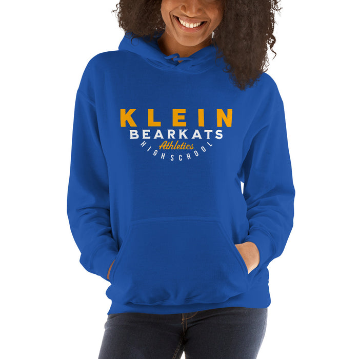 Woman wearing a Klein High School Bearkats Royal Classic Unisex Hoodie 12