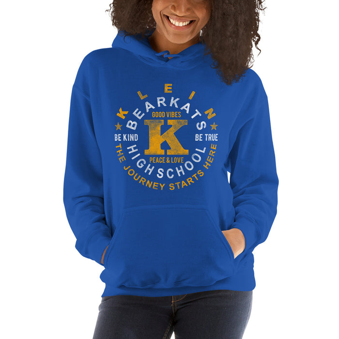 Woman wearing a Klein High School Bearkats Royal Classic Unisex Hoodie 16