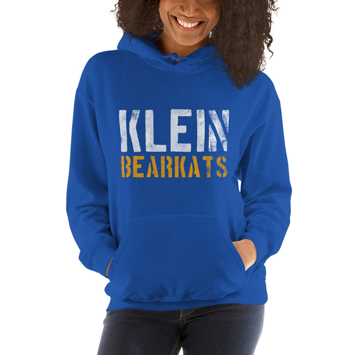 Woman wearing a Klein High School Bearkats Royal Classic Unisex Hoodie 17