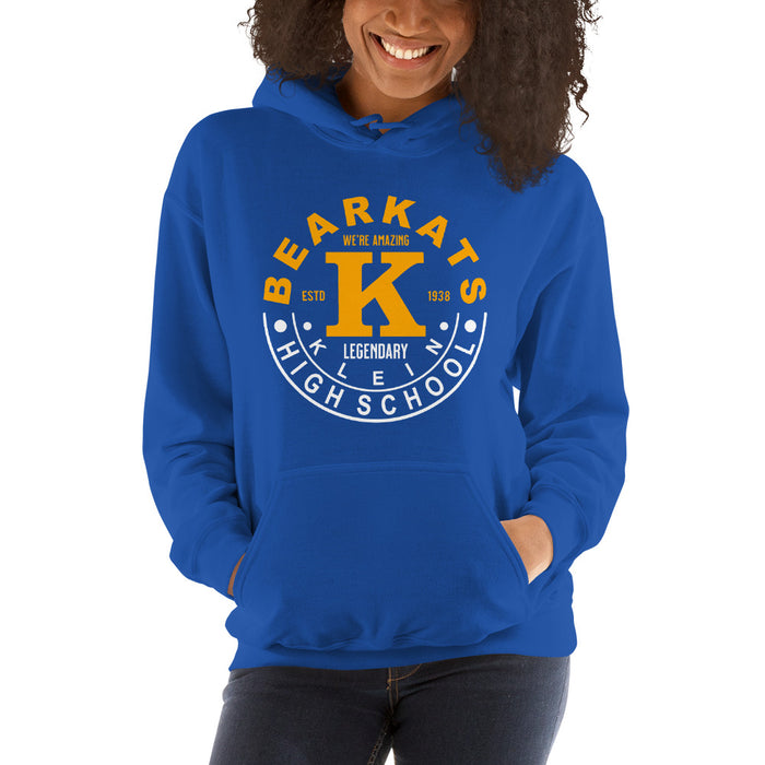 Woman wearing a Klein High School Bearkats Royal Classic Unisex Hoodie 19