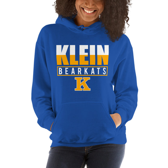 Woman wearing a Klein High School Bearkats Royal Classic Unisex Hoodie 29