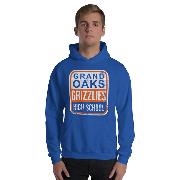 Man wearing a Grand Oaks High School Grizzlies Royal Classic Unisex Hoodie 01a