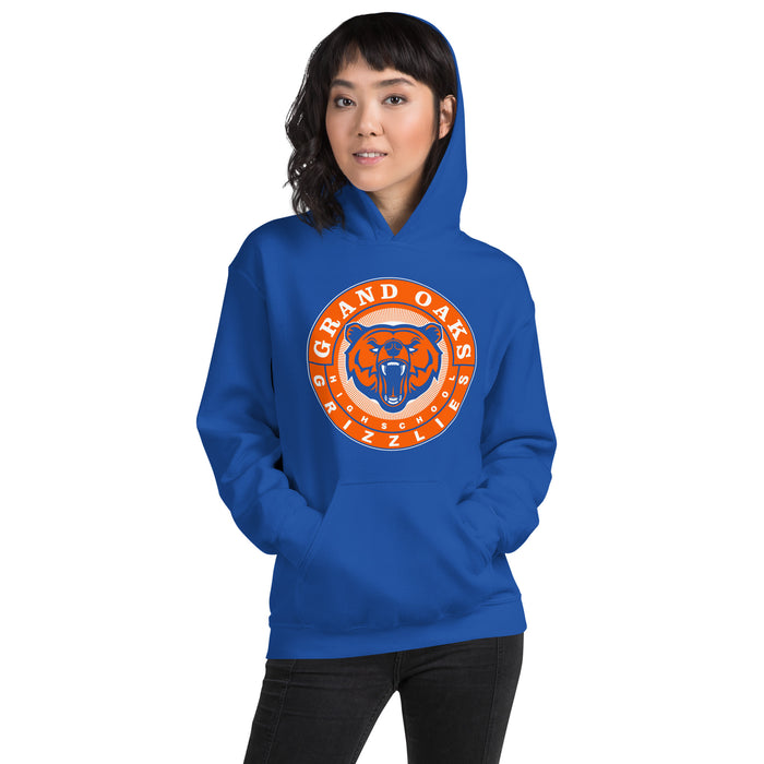 Woman wearing a Grand Oaks High School Grizzlies Royal Classic Unisex Hoodie 02