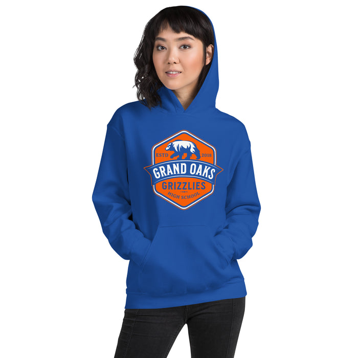 Woman wearing a Grand Oaks High School Grizzlies Royal Classic Unisex Hoodie 15