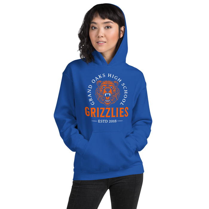 Woman wearing a Grand Oaks High School Grizzlies Royal Classic Unisex Hoodie 18