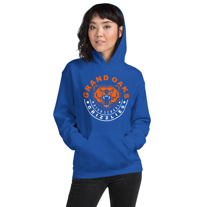 Woman wearing a Grand Oaks High School Grizzlies Royal Classic Unisex Hoodie 19