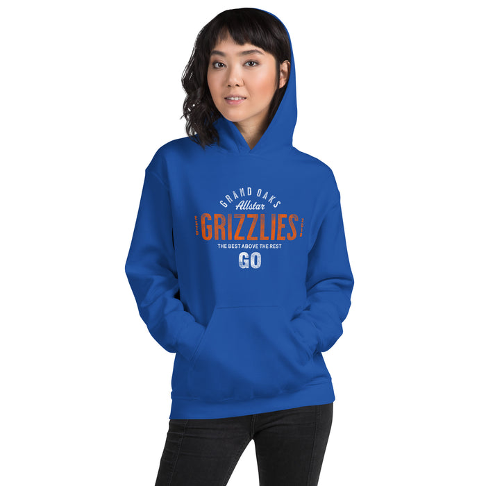 Woman wearing a Grand Oaks High School Grizzlies Royal Classic Unisex Hoodie 40