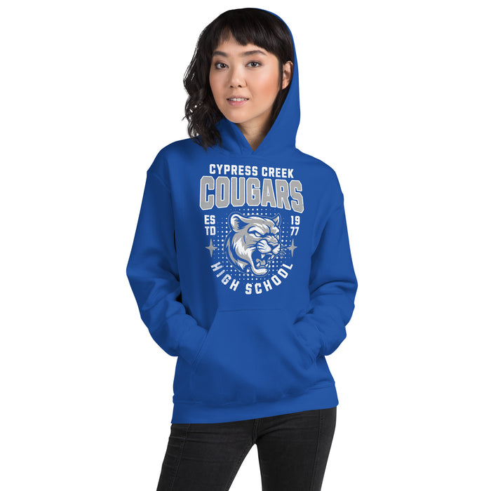 Woman wearing Cypress Creek High School Cougars Royal Blue Classic Unisex T-shirt 204