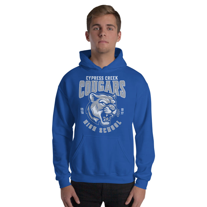 Man wearing Cypress Creek High School Cougars Royal Blue Classic Unisex T-shirt 213