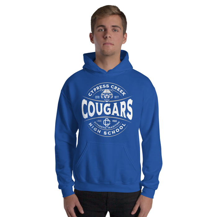 Man wearing Cypress Creek High School Cougars Royal Blue Classic Unisex T-shirt 216