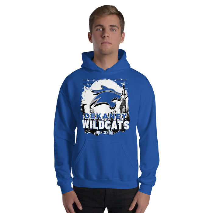 Man wearing Dekaney High School Wildcats Royal Blue Classic Unisex Hoodie 202