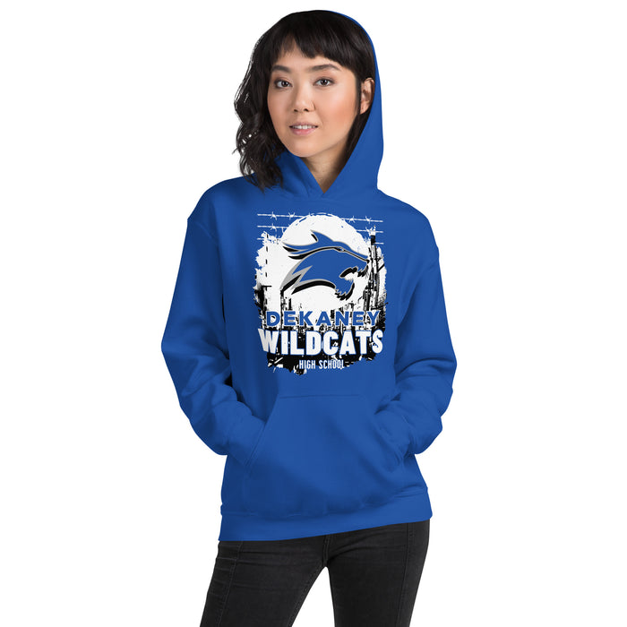 Woman wearing Dekaney High School Wildcats Royal Blue Classic Unisex Hoodie 202