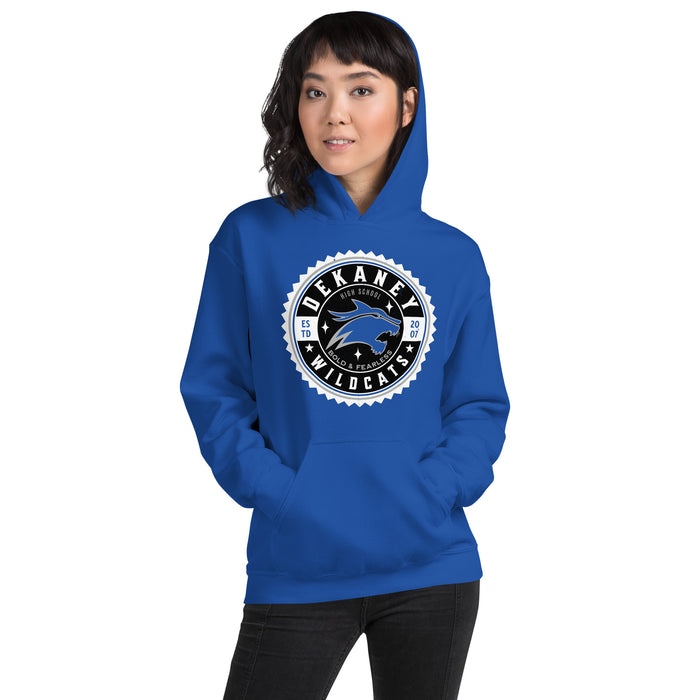 Woman wearing Dekaney High School Wildcats Royal Blue Classic Unisex Hoodie 203