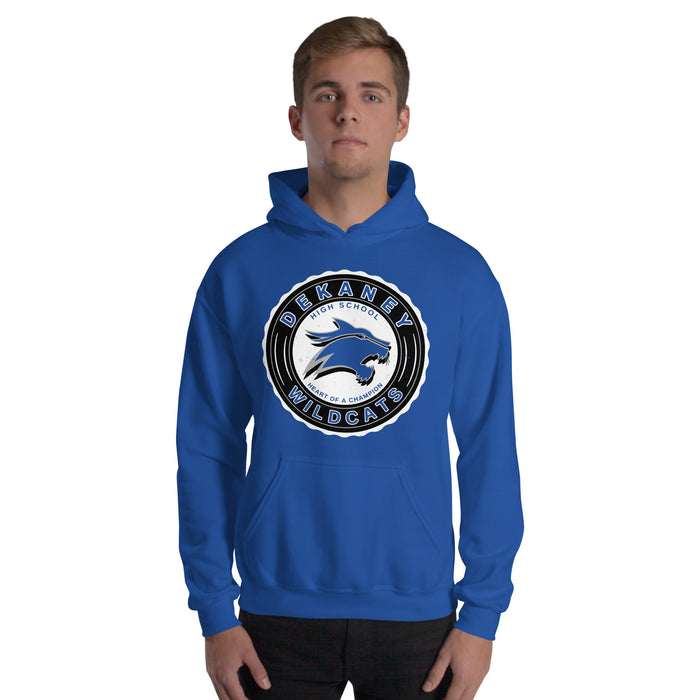 Man wearing Dekaney High School Wildcats Royal Blue Classic Unisex Hoodie 216