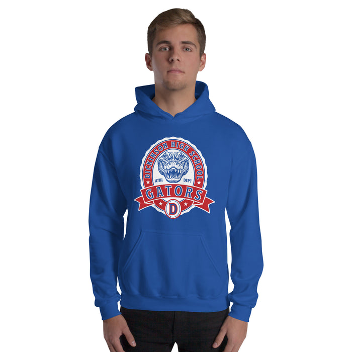 Man wearing Dickinson High School Gators Royal Blue Classic Unisex Hoodie 212