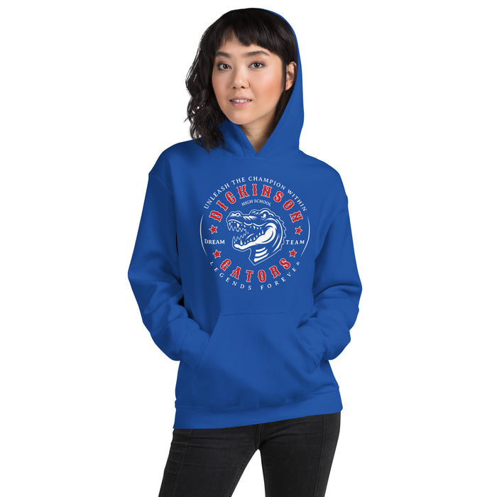 Woman wearing Dickinson High School Gators Royal Blue Classic Unisex Hoodie 214