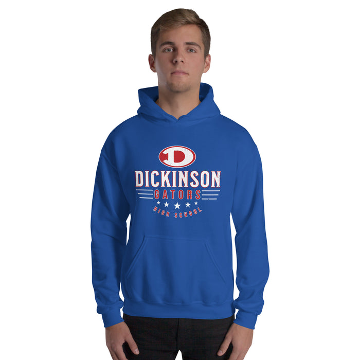 Man wearing Dickinson High School Gators Royal Blue Classic Unisex Hoodie 217