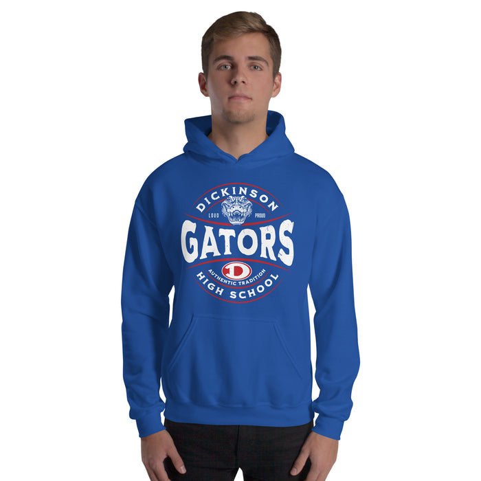 Man wearing Dickinson High School Gators Royal Blue Classic Unisex Hoodie 218