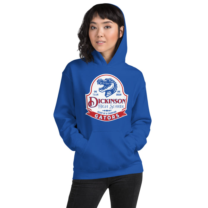 Woman wearing Dickinson High School Gators Royal Blue Classic Unisex Hoodie 219