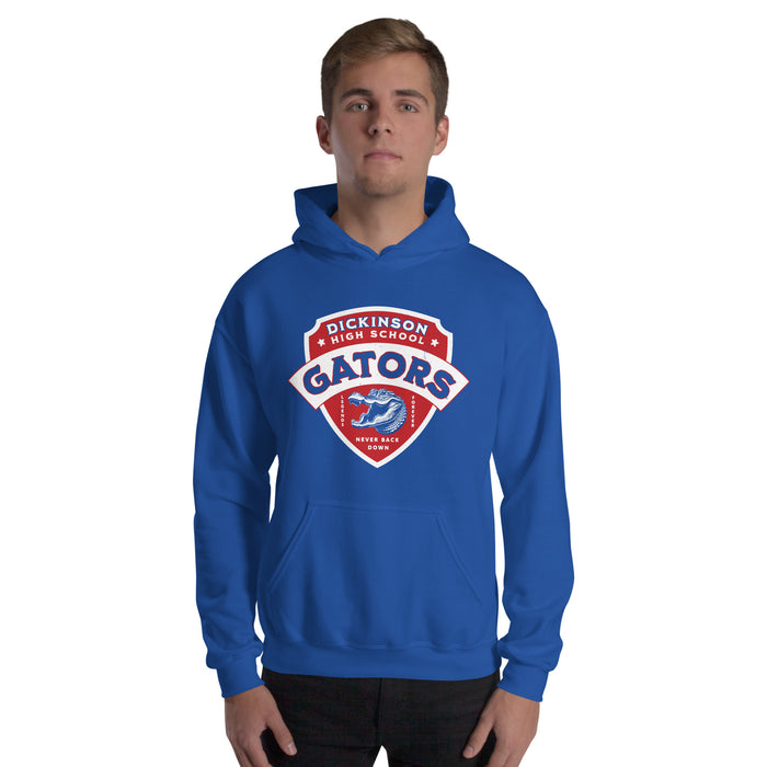 Man wearing Dickinson High School Gators Royal Blue Classic Unisex Hoodie 221