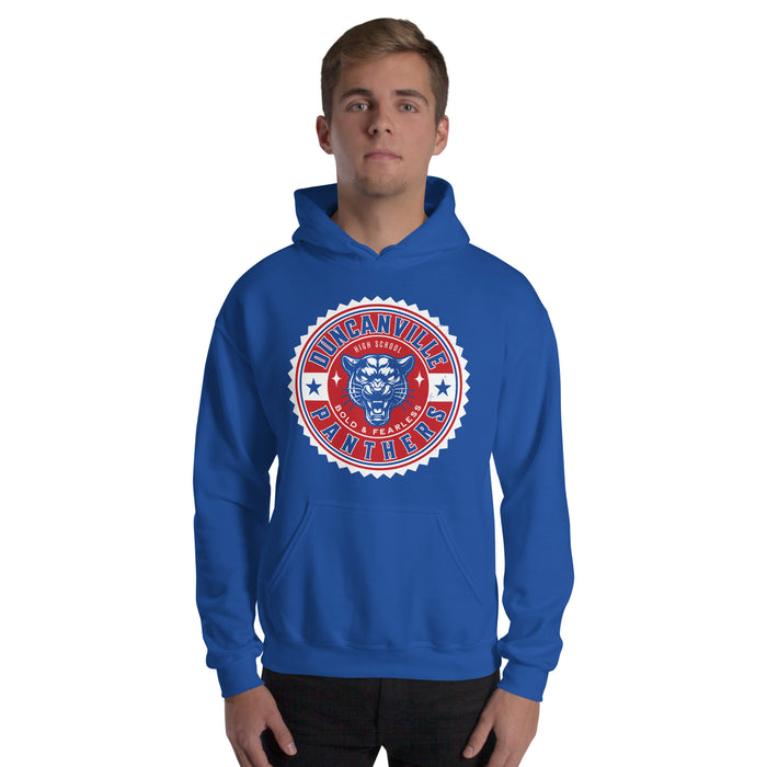 Man wearing Duncanville High School Panthers Royal Blue Classic Unisex Hoodie 203