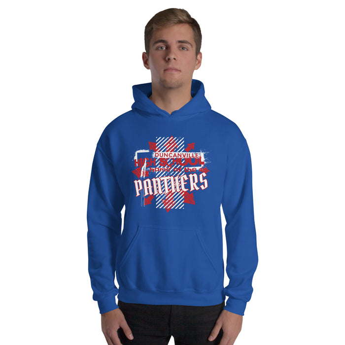 Man wearing Duncanville High School Panthers Royal Blue Classic Unisex Hoodie 210