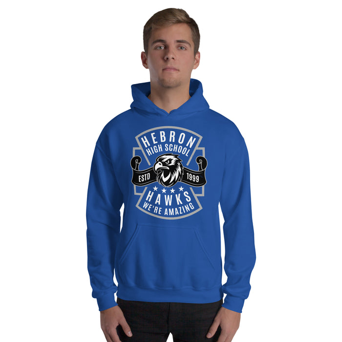 Man wearing Hebron High School Hawks Royal Blue Classic Unisex T-shirt 207