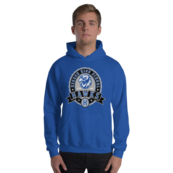 Man wearing Hebron High School Hawks Royal Blue Classic Unisex T-shirt 212