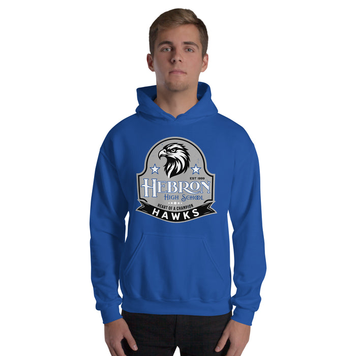 Man wearing Hebron High School Hawks Royal Blue Classic Unisex T-shirt 219