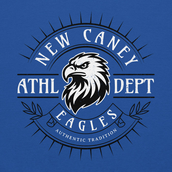 Close-up view of New Caney High School Eagles Royal Blue Classic Unisex Hoodie 201