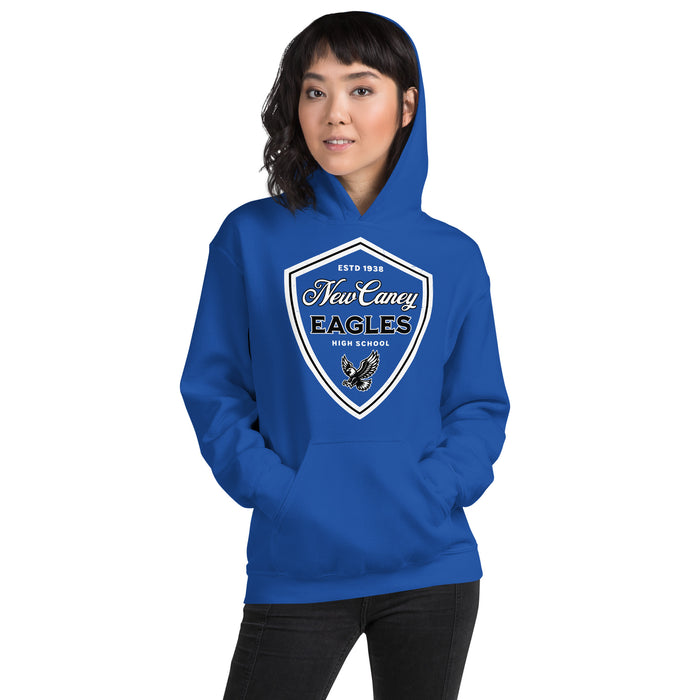 Woman wearing New Caney High School Eagles Royal Blue Classic Unisex Hoodie 225