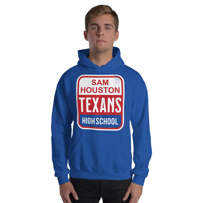 Man wearing Sam Houston High School Texans Royal Blue Classic Unisex Hoodie 001