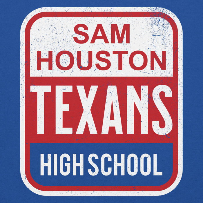 Close-up view of Sam Houston High School Texans Royal Blue Classic Unisex Hoodie 001