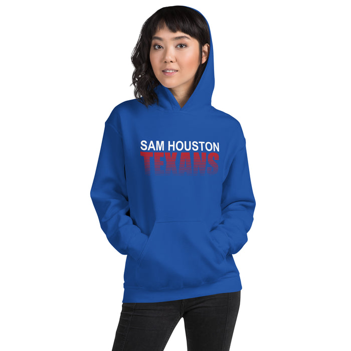 Woman wearing Sam Houston High School Texans Royal Blue Classic Unisex Hoodie 024