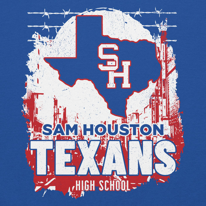 Close-up view of Sam Houston High School Texans Royal Blue Classic Unisex Hoodie 202