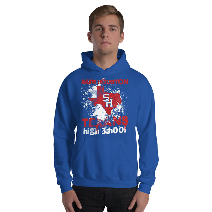 Man wearing Sam Houston High School Texans Royal Blue Classic Unisex Hoodie 205