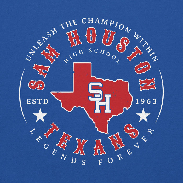 Close-up view of Sam Houston High School Texans Royal Blue Classic Unisex Hoodie 214