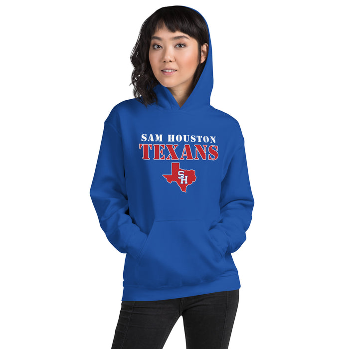 Woman wearing Sam Houston High School Texans Royal Blue Classic Unisex Hoodie 222