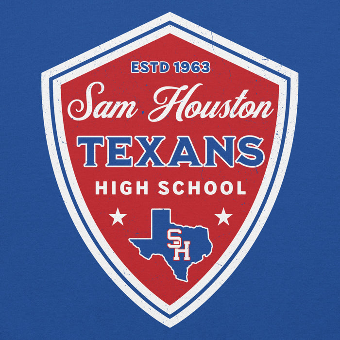 Close-up view of Sam Houston High School Texans Royal Blue Classic Unisex Hoodie 225