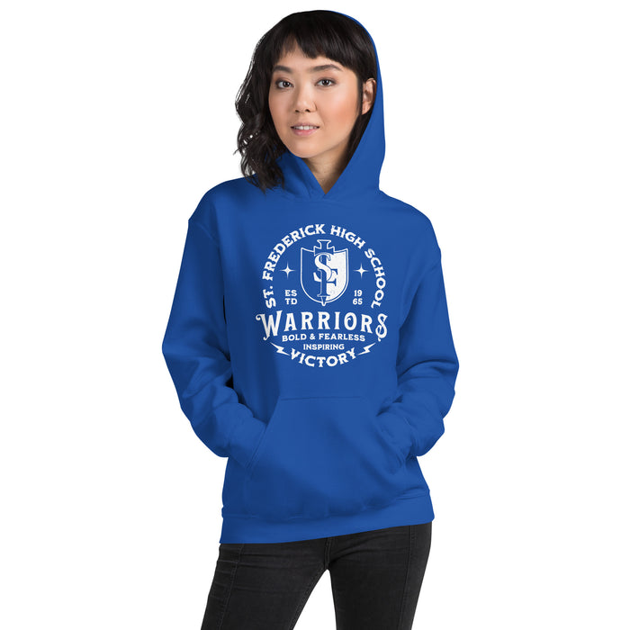 Woman wearing St. Frederick High School Warriors Royal Blue Classic Unisex Hoodie 206