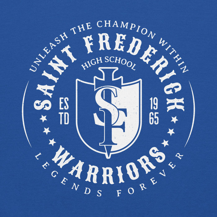 Close-up view of St. Frederick High School Warriors Royal Blue Classic Unisex Hoodie 214