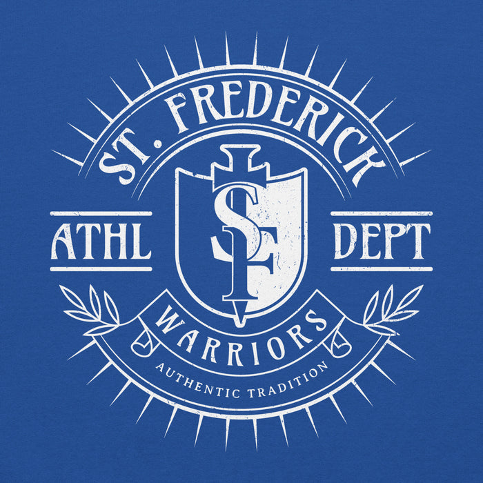 Close-up view of St. Frederick High School Warriors Royal Blue Classic Unisex Hoodie 201