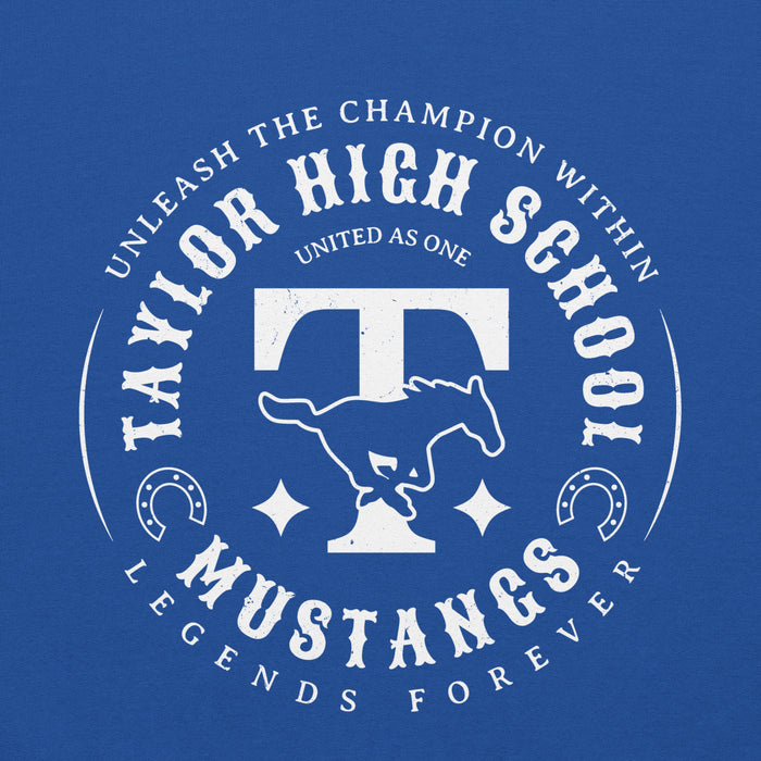 Close-up view of Taylor High School Mustangs Royal Blue Classic Unisex Hoodie 214