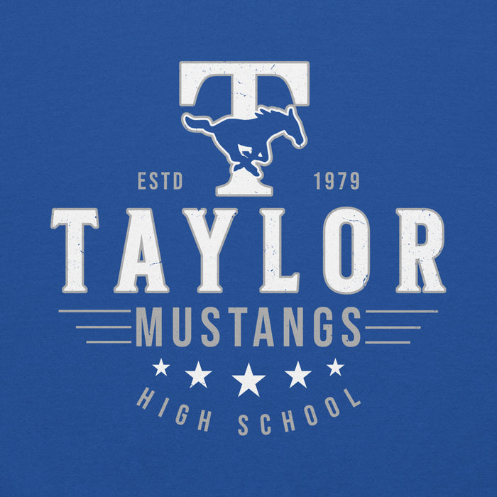 Close-up view of Taylor High School Mustangs Royal Blue Classic Unisex Hoodie 217