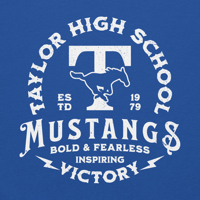 Close-up view of Taylor High School Mustangs Royal Blue Classic Unisex Hoodie 206