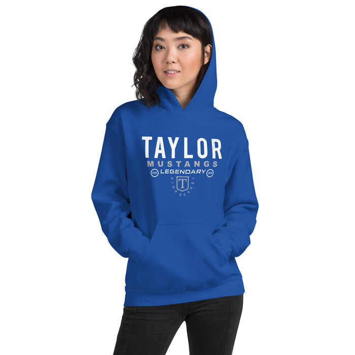 Woman wearing Taylor High School Mustangs Royal Blue Classic Unisex Hoodie 003