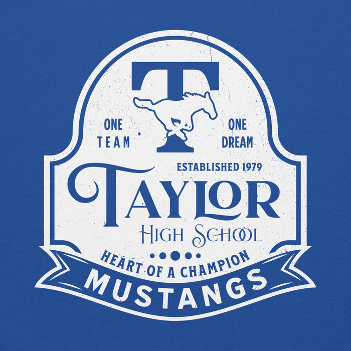 Close-up view of Taylor High School Mustangs Royal Blue Classic Unisex Hoodie 219