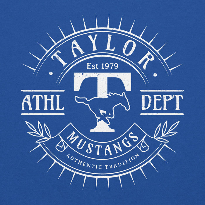 Close-up view of Taylor High School Mustangs Royal Blue Classic Unisex Hoodie 201