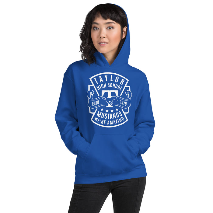 Woman wearing Taylor High School Mustangs Royal Blue Classic Unisex Hoodie 207