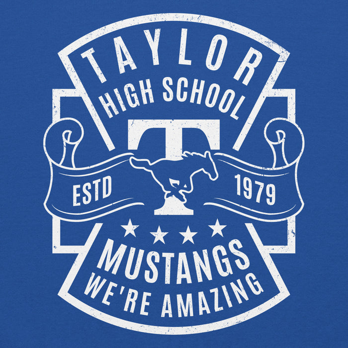 Close-up view of Taylor High School Mustangs Royal Blue Classic Unisex Hoodie 207